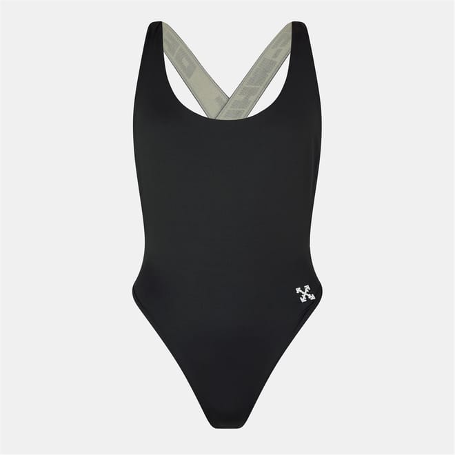 Solid Patterned Scoop Neck Logo Print Swimsuit