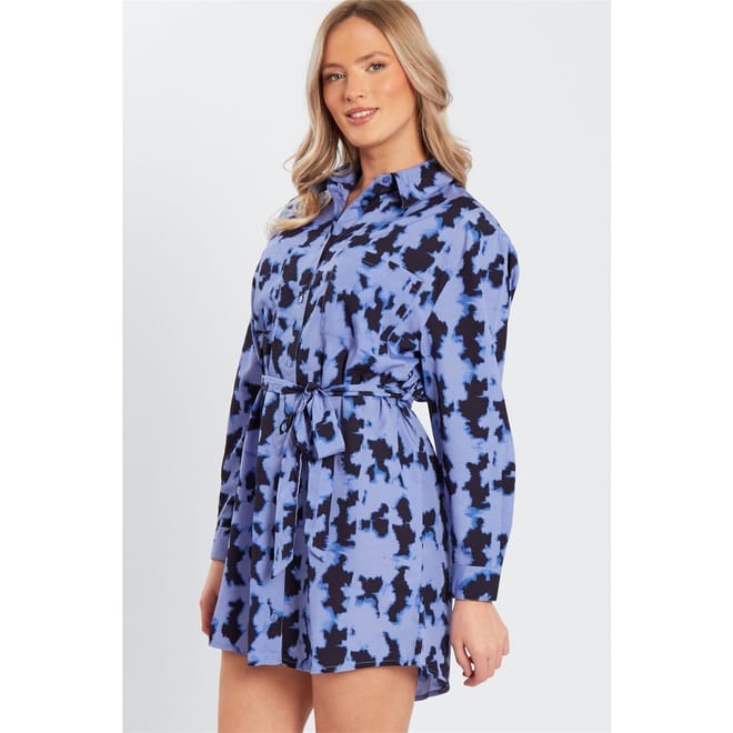 Blur Print Belted Collared Neck Mini Dress
