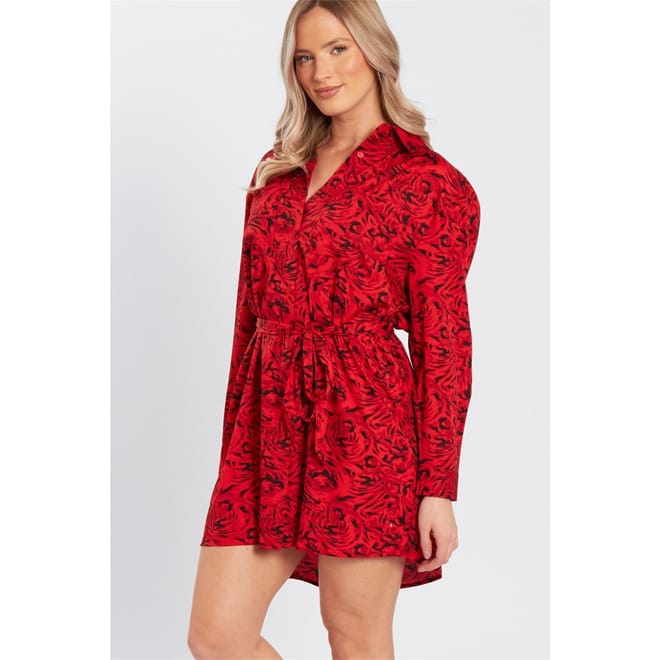 Belted Blur Print Collared Neck Mini Dress