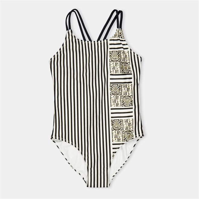 Cross Back Stripe Patterned One-Piece Swimsuit