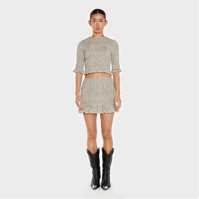 Beige Black Check Shirred Crop Top