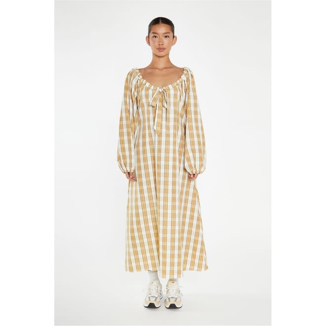 Beige Cream Check Gathered Tie Neck Midi Dress