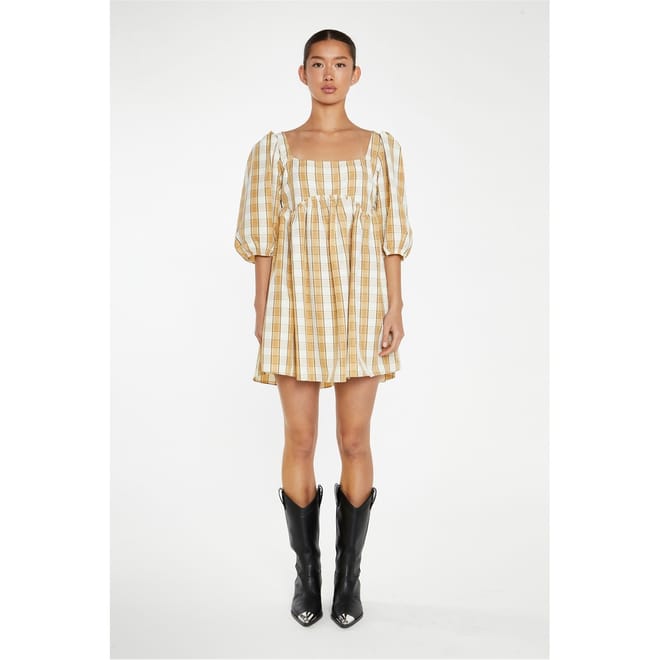 Beige Cream Check Square Neck Smock Mini Dress