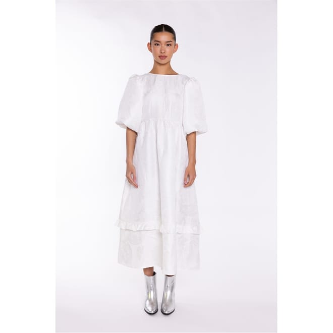 Off White Brocade Tiered Tie Back Midi Dress