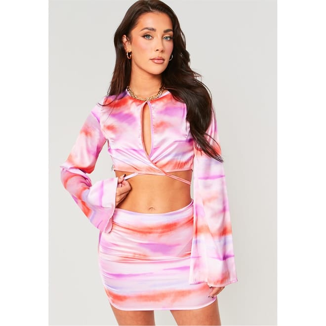 Print Tie Front Satin Crop Top