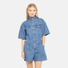 Mock Neck Short Sleeve Double Flap Pocket Denim Playsuit
