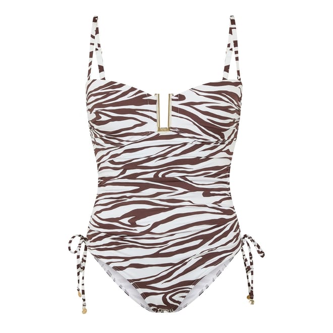 Zebra Patterned Gold Detail Tie One Piece Swimsuit