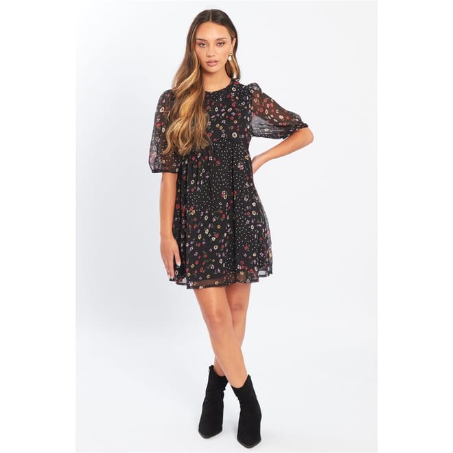 Mini Smock Crew Neck Babydoll Dress