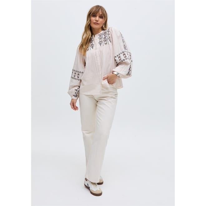 Embroidered Ballon Sleeve Shirt In Cream
