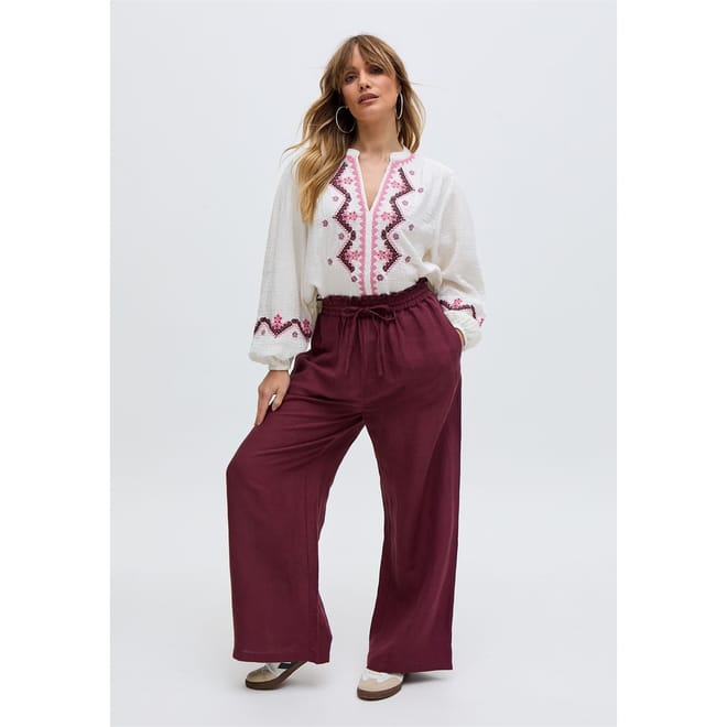 V Neck Embroidered Blouse In White