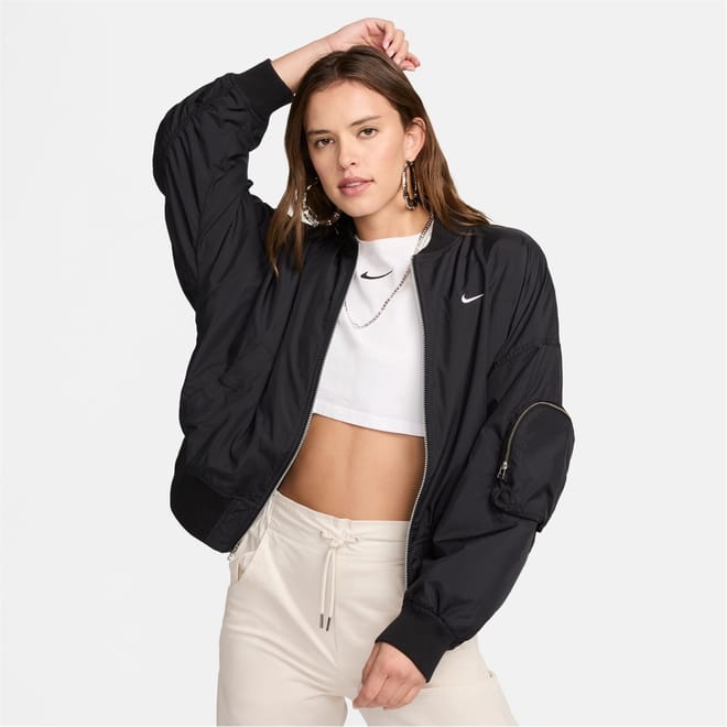 Ribbed Cuff Relaxed Fit Bomber Jacket with Hand Pockets