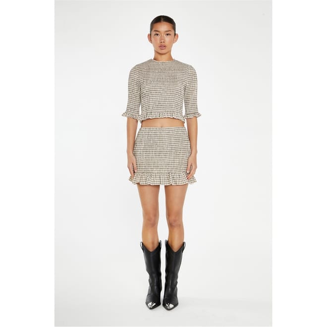 Beige Black Check Shirred Mini Skirt