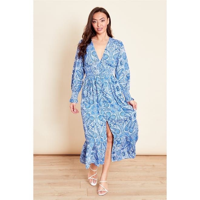 Shirred V-Neck Long Sleeve Maxi Dress