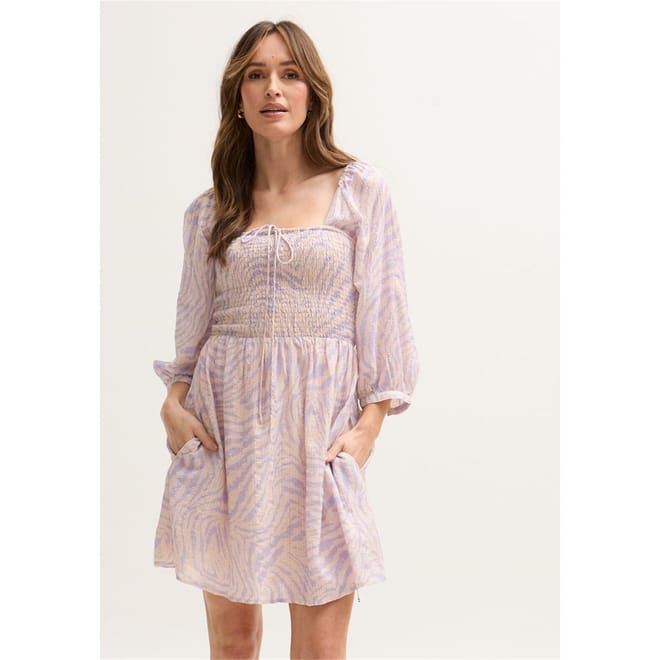 Shirred Bodice Banana Check Print Mini Dress In Multi