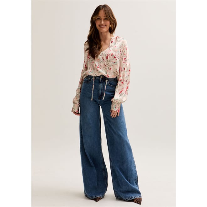 Billowy Sleeves Wishing Well Print Blouse In Multi