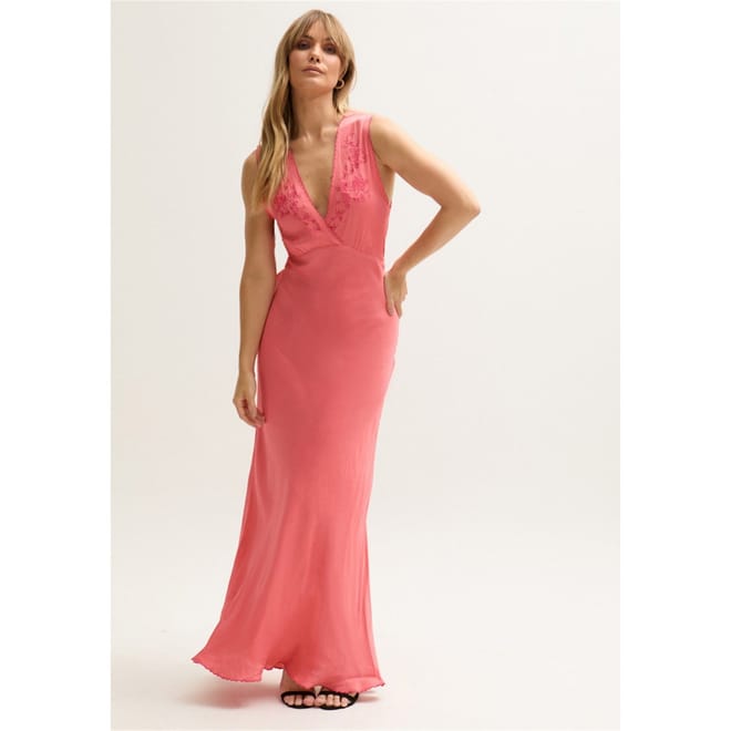 Bias Cut Sleeveless Embroidered Maxi Dress In Orange