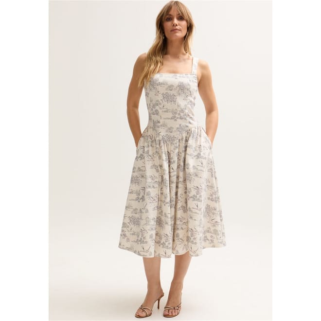 Corset Inspired Josephine Print Midi Dress In Cream