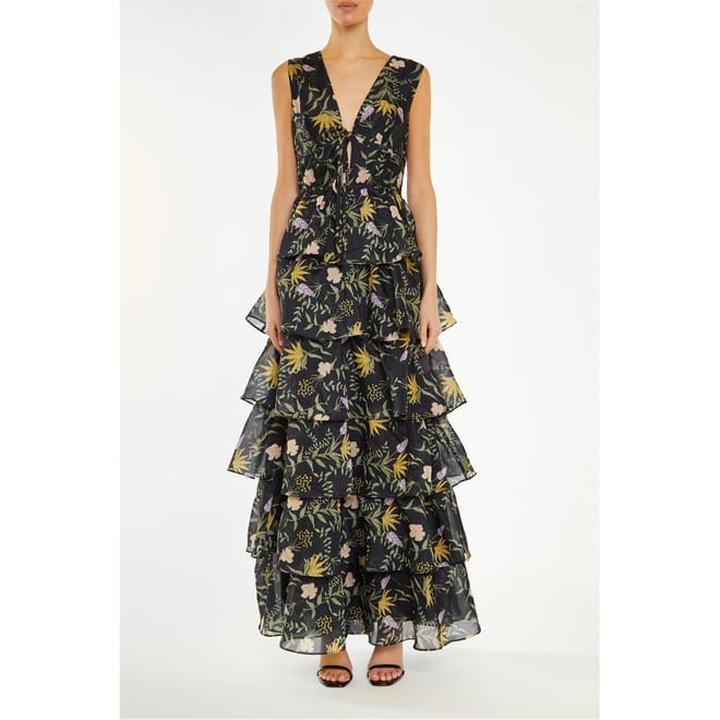 Decadence Genevieve Black Stem Nature Floral Tiered Maxi Dress