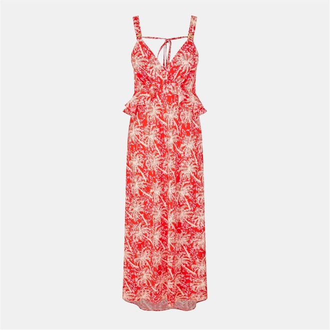 Tree Print Tie Back V-Neck Maxi Sun Dress