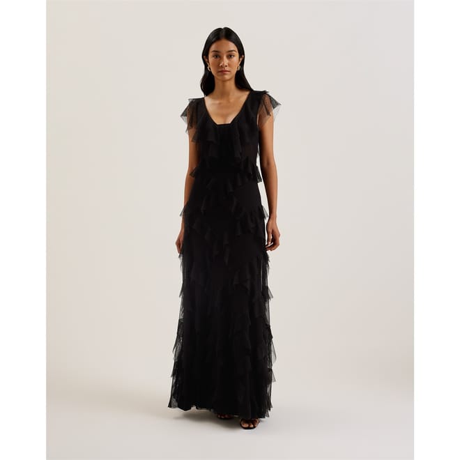 Mesh Ruffle V-Neck Maxi Tiered Dress