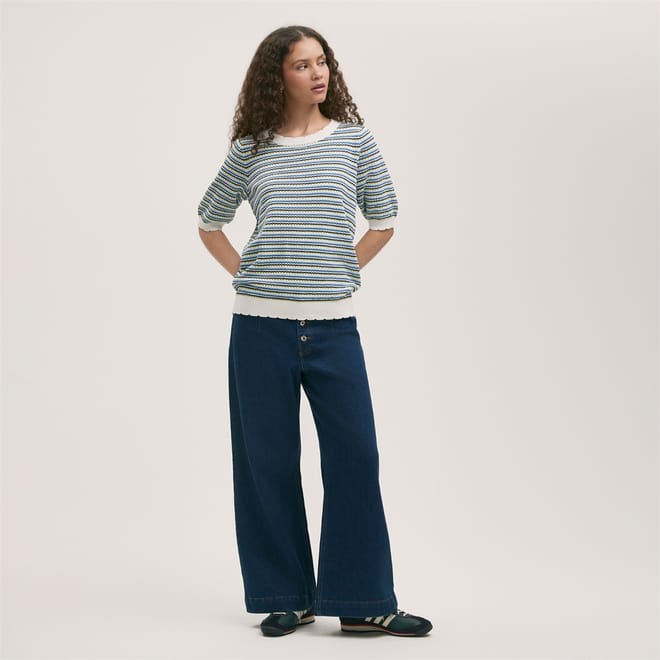 Relaxed Fit Short Sleeve Scallop Ribbed Hem Sweater