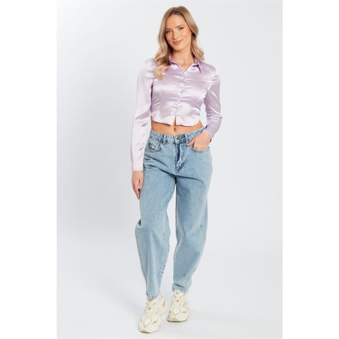 Slim Fit Cropped Satin Shirt