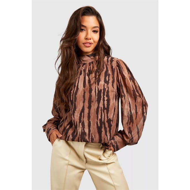 Relaxed Fit High Neck Short Sleeve Blouse