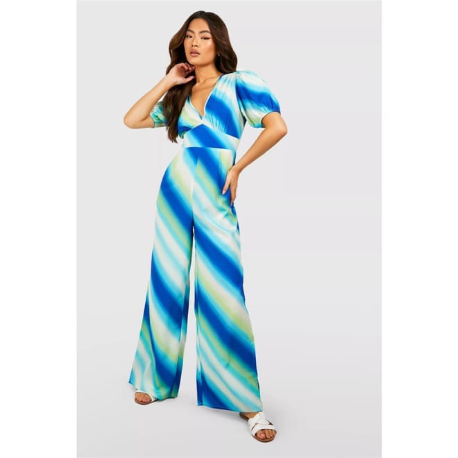 V-Neck Short Sleeve Gradient Patterned Jumpsuit