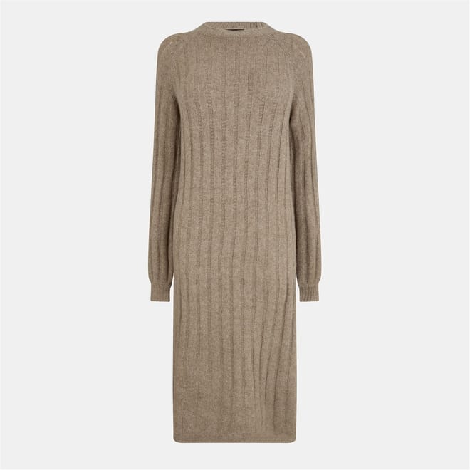 Knit Crew Neck Ribbed Cuff Midi Sweater Dress