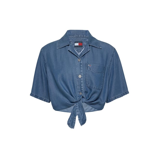 Chambray Tie Cropped Short Sleeve Shirt