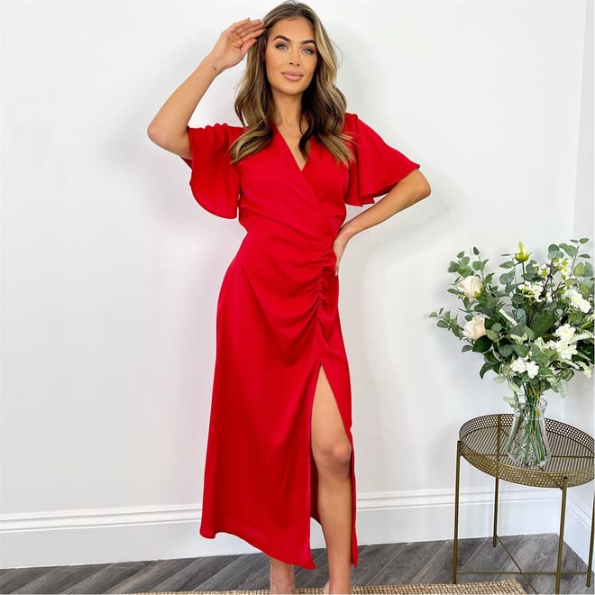 Ruched Split Leg Midi Dress