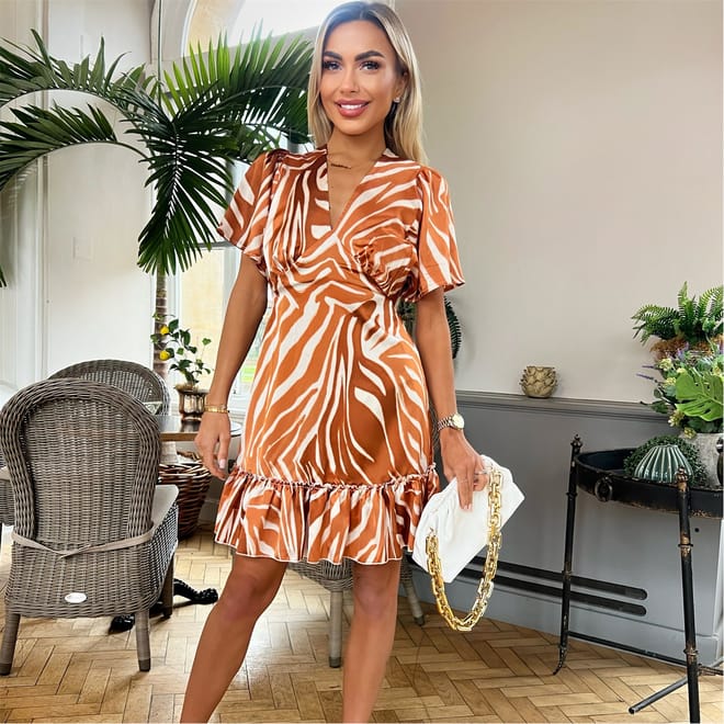 Printed Short Sleeve V Neck Mini Dress