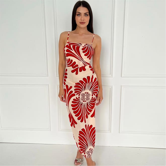 Orange Abstract Print Cowl Neck Ruched Side Strappy Midi Dress