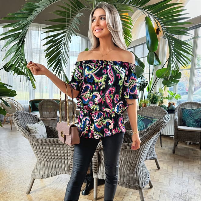 Print Bardot Frill Sleeve Top