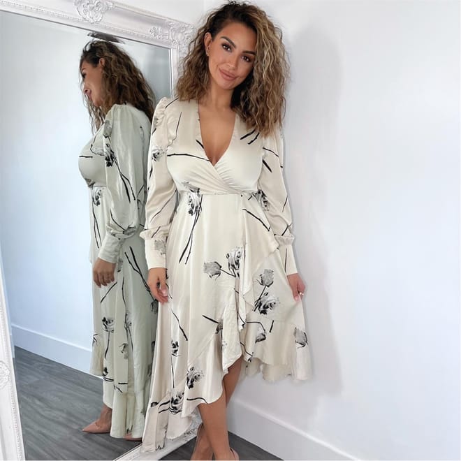 Floral Printed Wrap Over Long Sleeve Dress