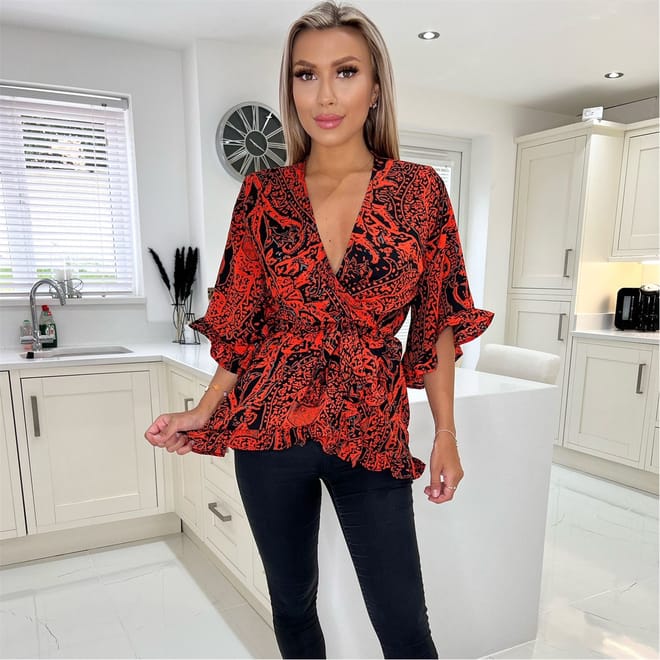 And Black Printed Frill Hem Wrap Top