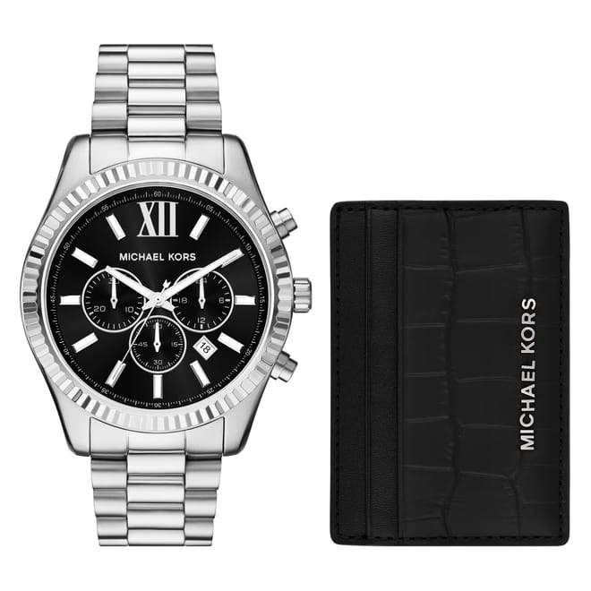 Kors Lexington Chronograph Stainless Steel Watch And Card Case Gift Set Mk1091set