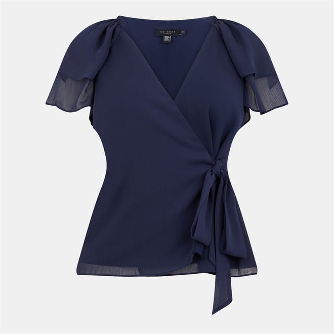 Relaxed Fit Flutter Sleeve Wrap Blouse