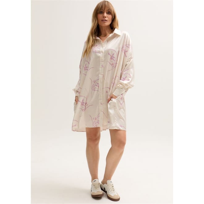 Button Down Large Floral Shirtdress In Cream