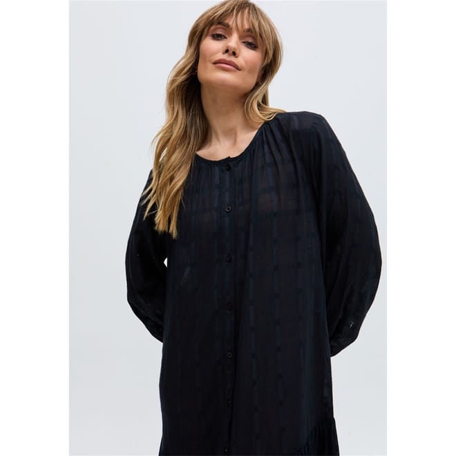 Button Down Embroidered Midi Dress In Black