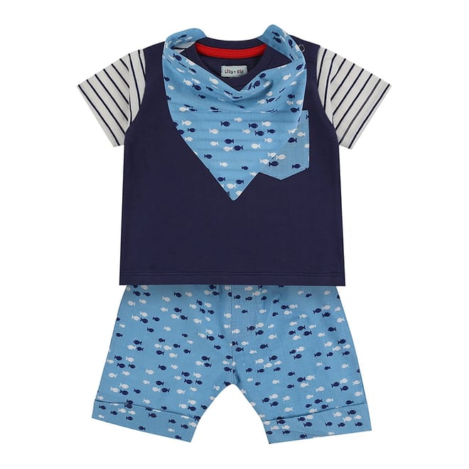  And  Sid Blue Fish Print Top Short And Bib Set