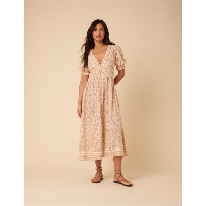 Saffy Ditsy V-Neck Midi Milkmaid Dress