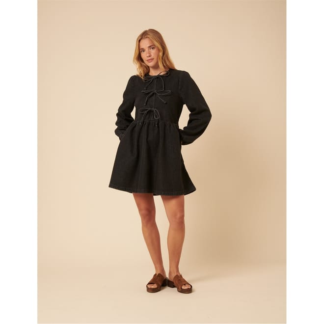 Eden Denim Tie Neck Mini A-Line Dress