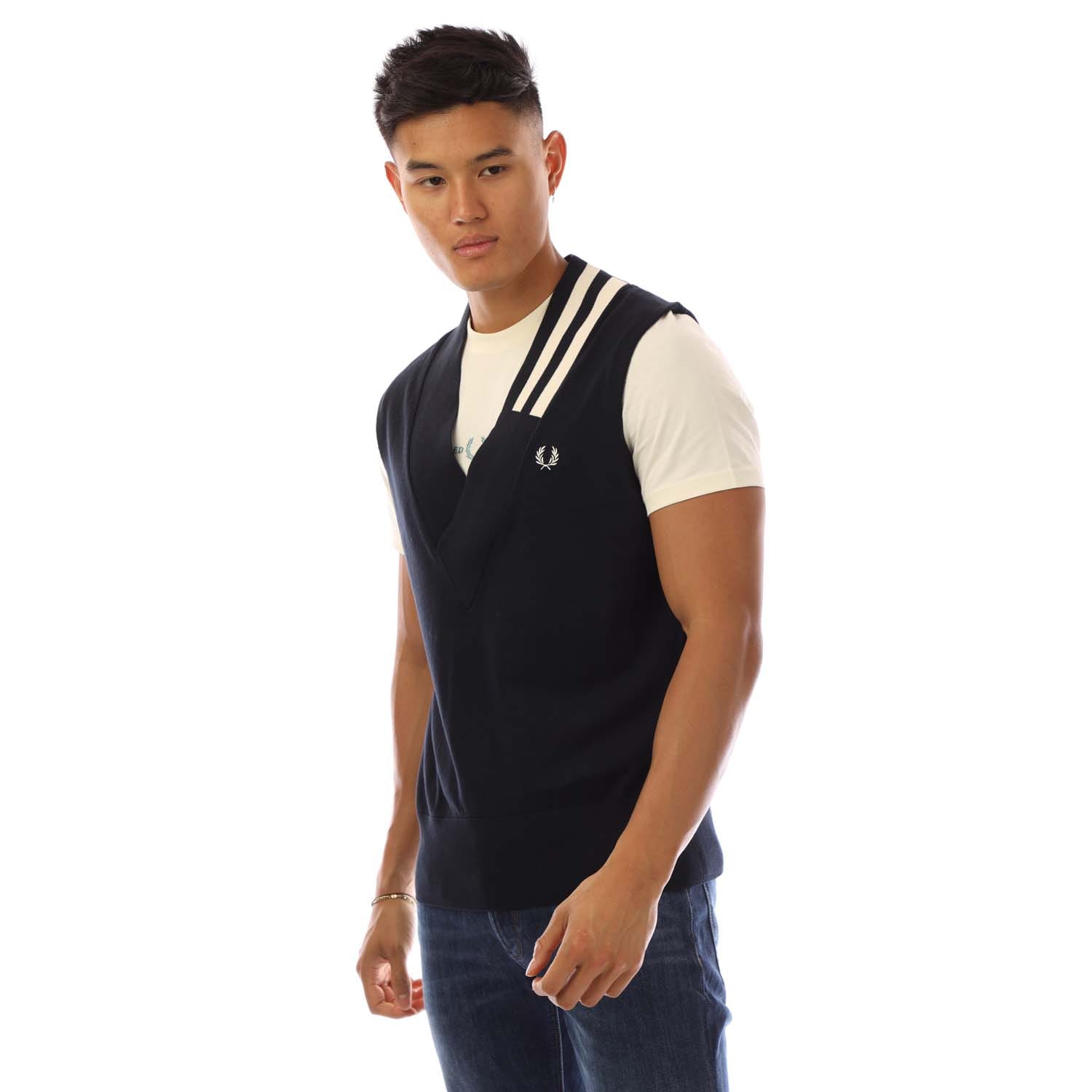 Navy Fred Perry V-Neck Broken Tipped Tank Top - Get The Label