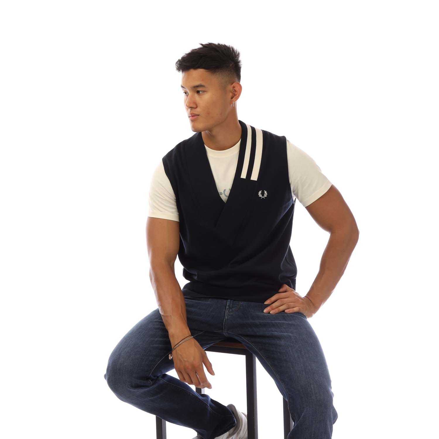 Navy Fred Perry V-Neck Broken Tipped Tank Top - Get The Label