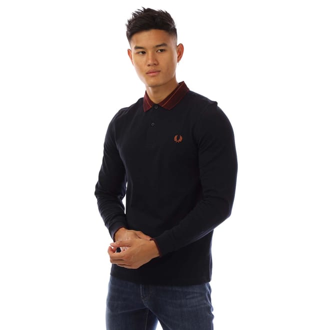 Striped Collar Long Sleeve Polo Shirt