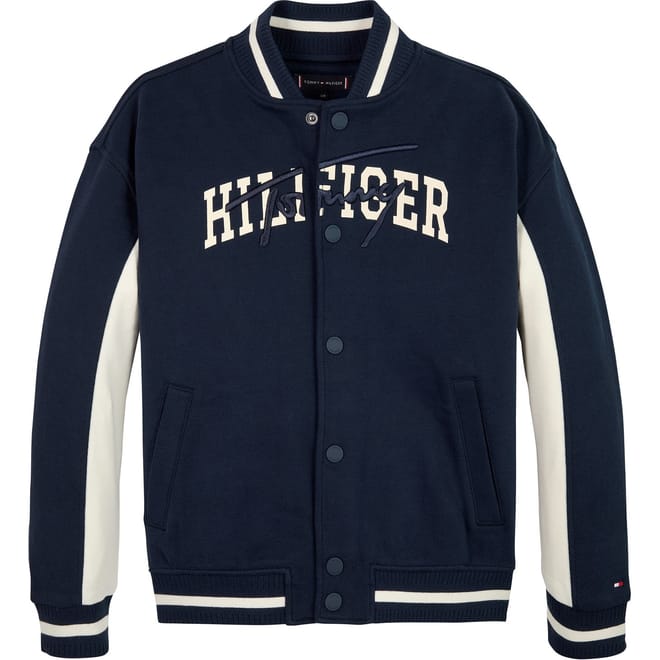 Script Embroidered Snap Button Ribbed Cuff Bomber Jacket