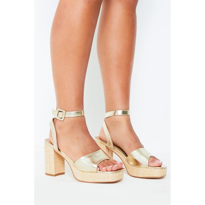 Gold Strap Open Toe Block Heel Mules
