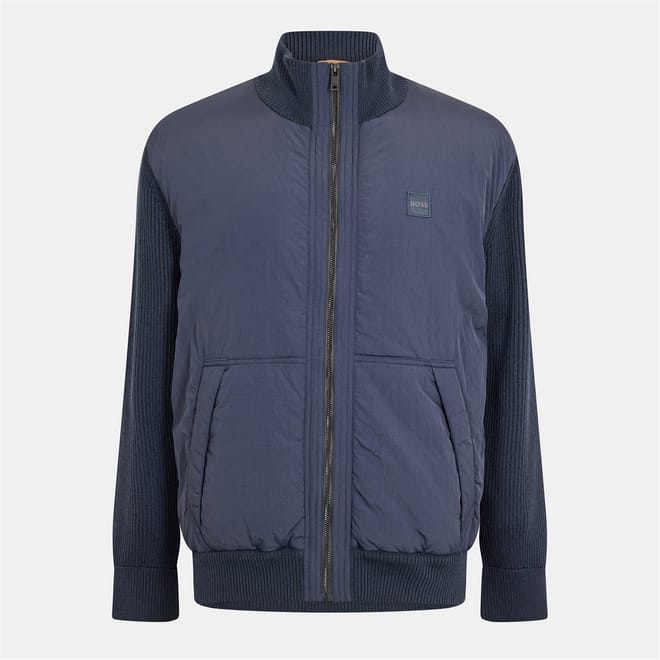 Solid Patterned Hybrid Jacket with Ribbed Cuff