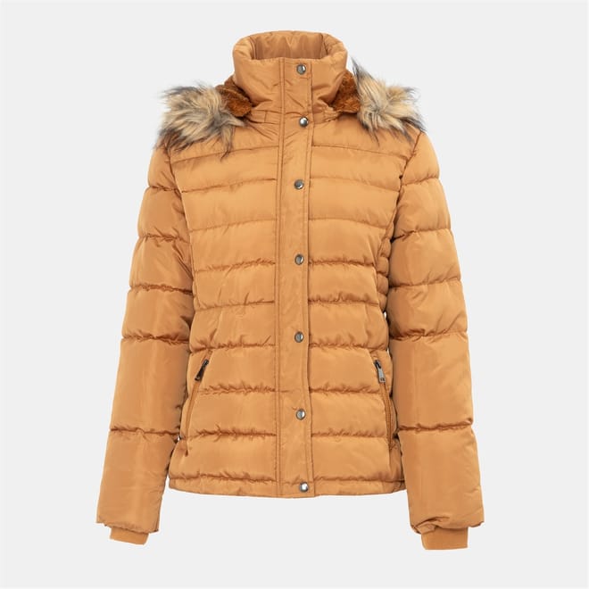 Solid Patterned Hooded Ribbed Cuff Fur Trim Snap Button Parka Jacket